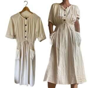 Zara Ecru Off White Cream Button Up Down Drawstring Pocket Linen Midi Dress
